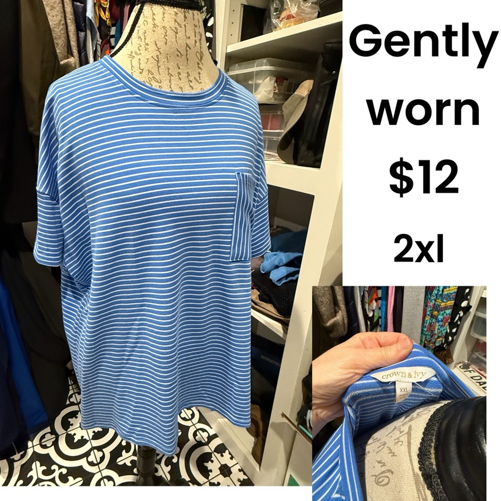 crown & ivy Blue and White Striped Short Sleeve Pocket Tee